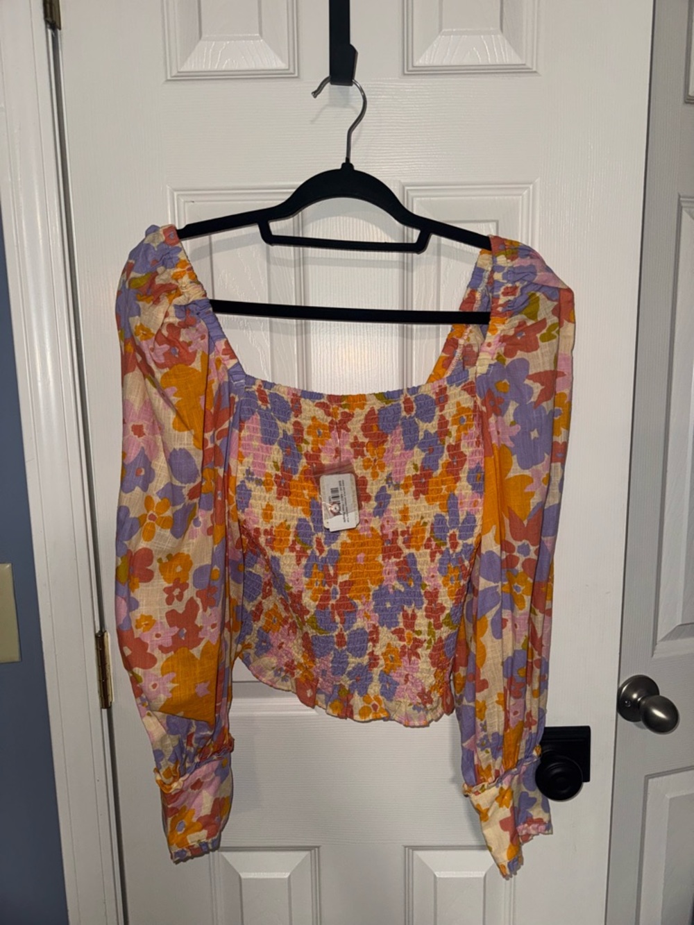 Free People Floral Smocked Square-Neck Top - Pink, Purple, Yellow